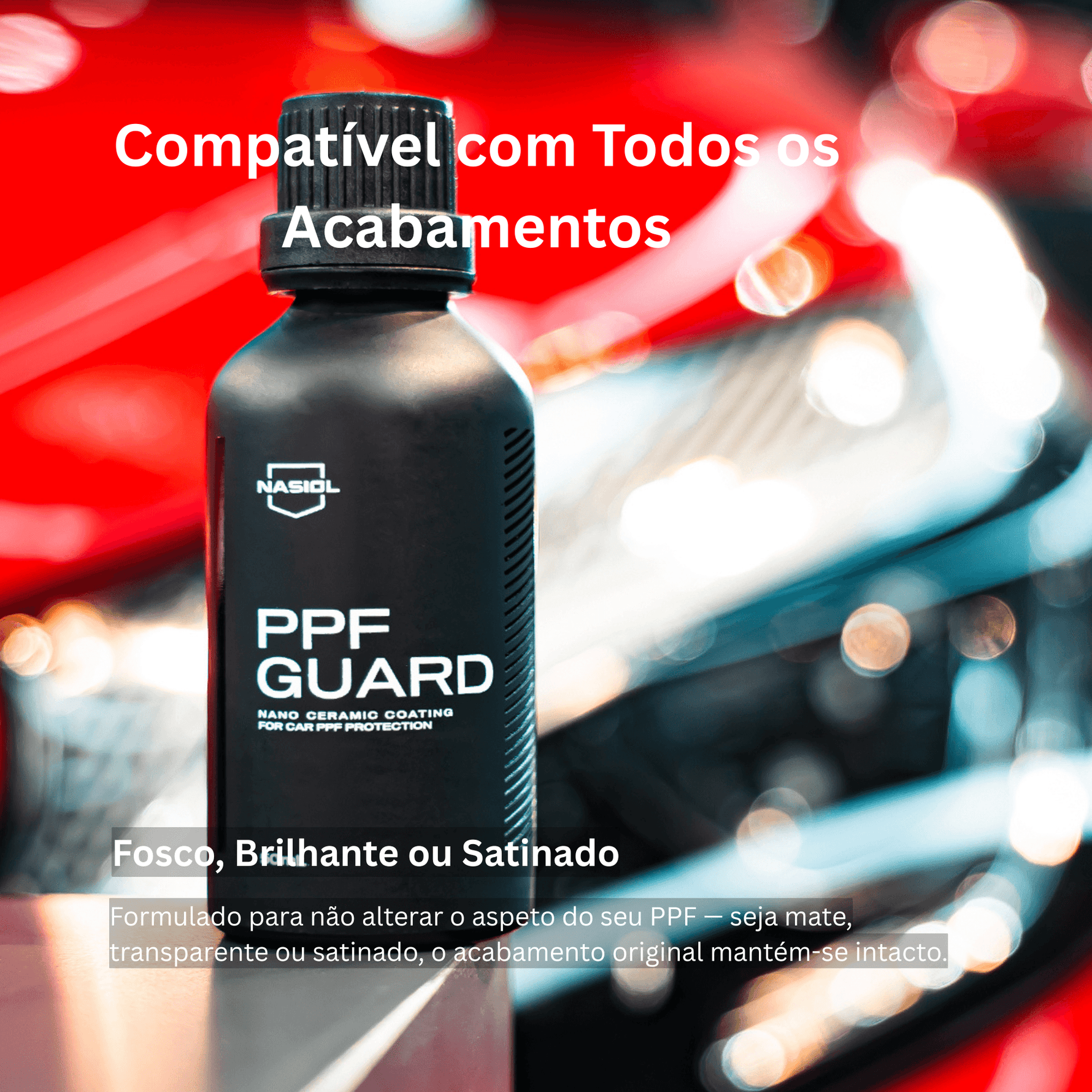 Frasco Nasiol PPFGuard Nova Fórmula com luzes desfocadas em fundo, compatível com acabamentos foscos, brilhantes e satinados de PPF