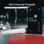 Caixa Nasiol PPFGuard Nova Fórmula junto a rolo de película PPF com carro desportivo em fundo, proteção duradoura até 2 anos