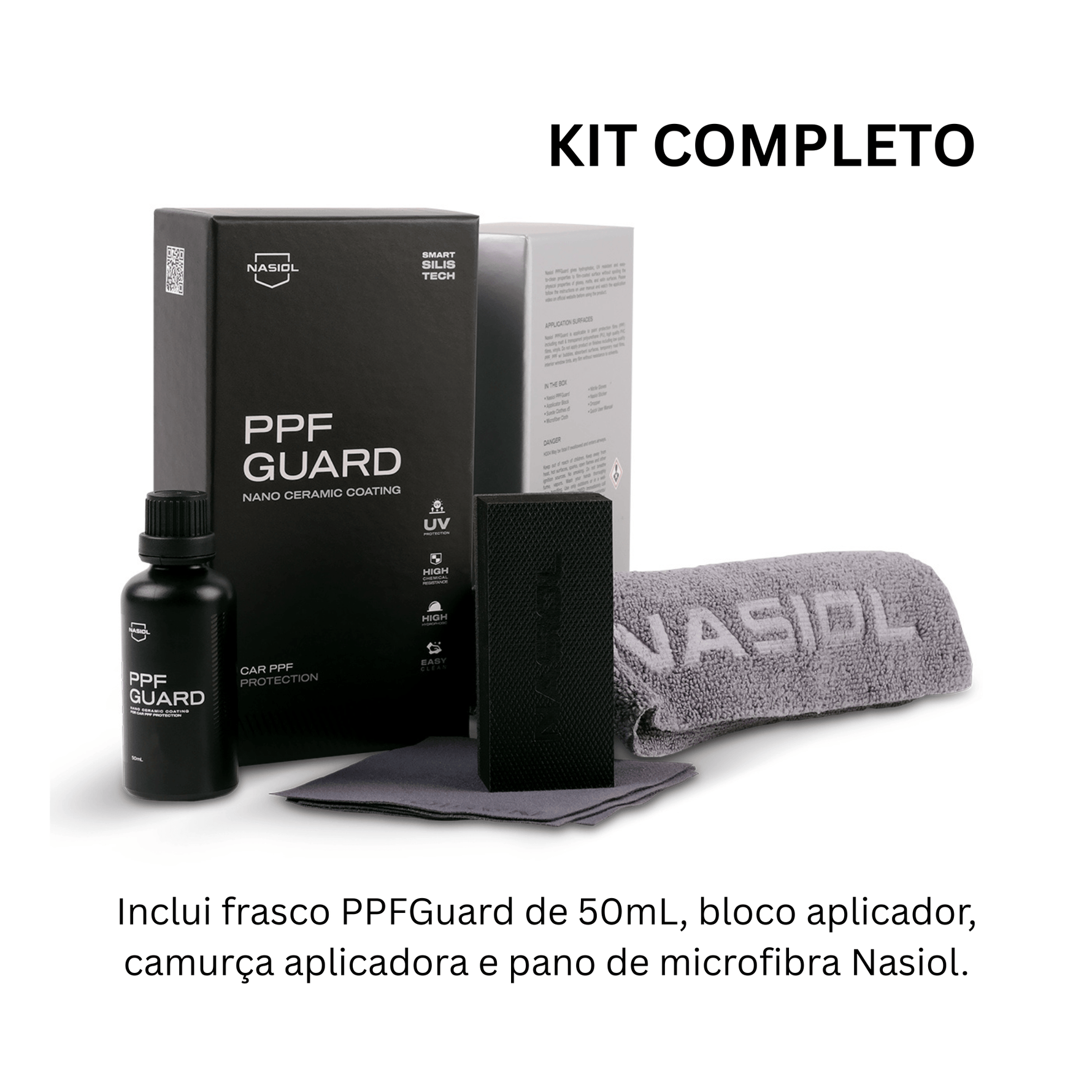 Kit completo Nasiol PPFGuard com frasco 50ml, bloco aplicador, camurça e pano de microfibra Nasiol