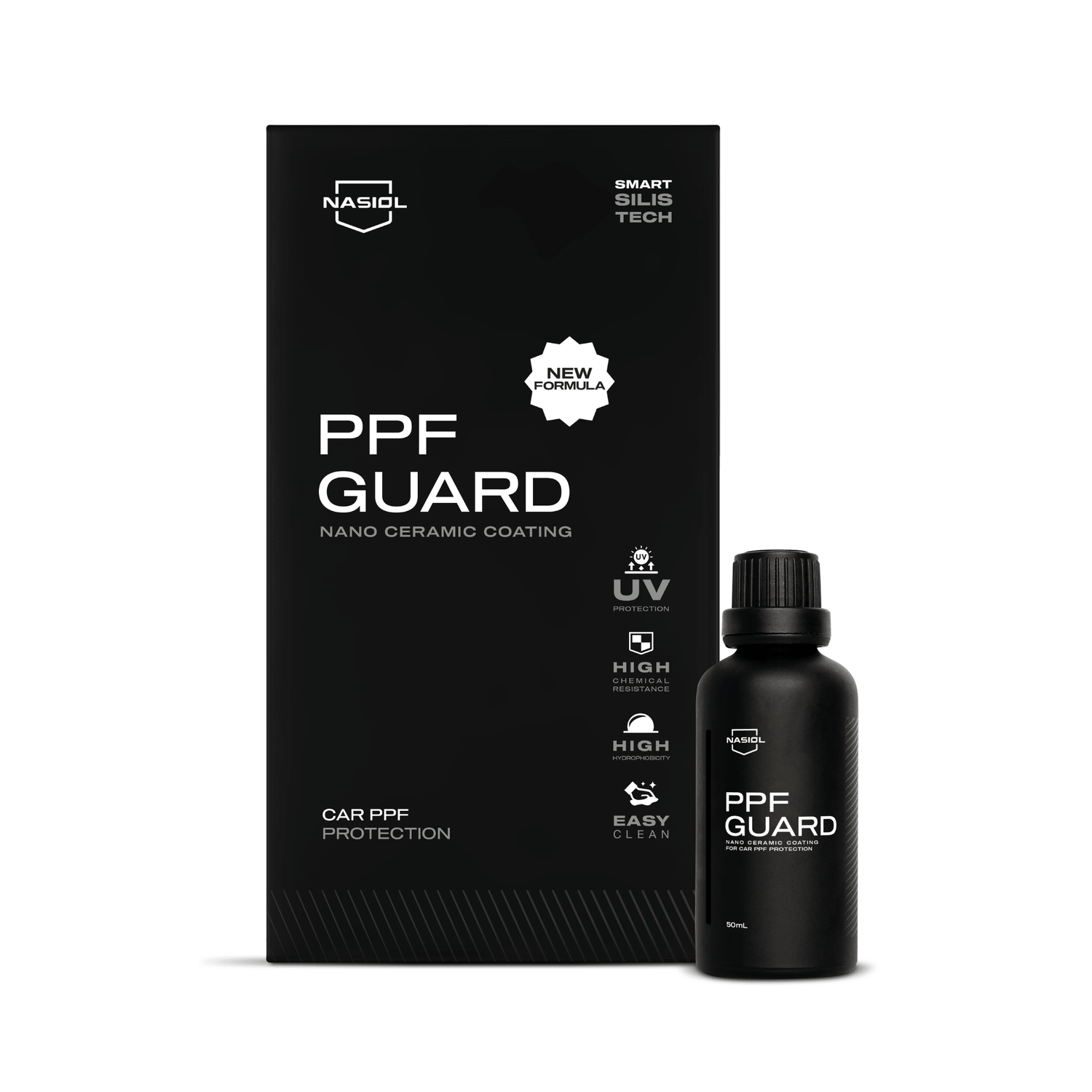 Nasiol PPFGuard Nova Fórmula 50ml, revestimento nano cerâmico para proteção de PPF, caixa e frasco em fundo branco