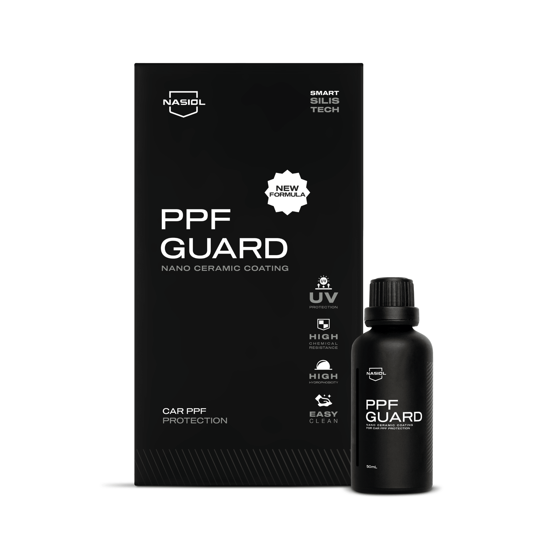 Nasiol PPFGuard Nova Fórmula 50ml, revestimento nano cerâmico para proteção de PPF, caixa e frasco em fundo branco