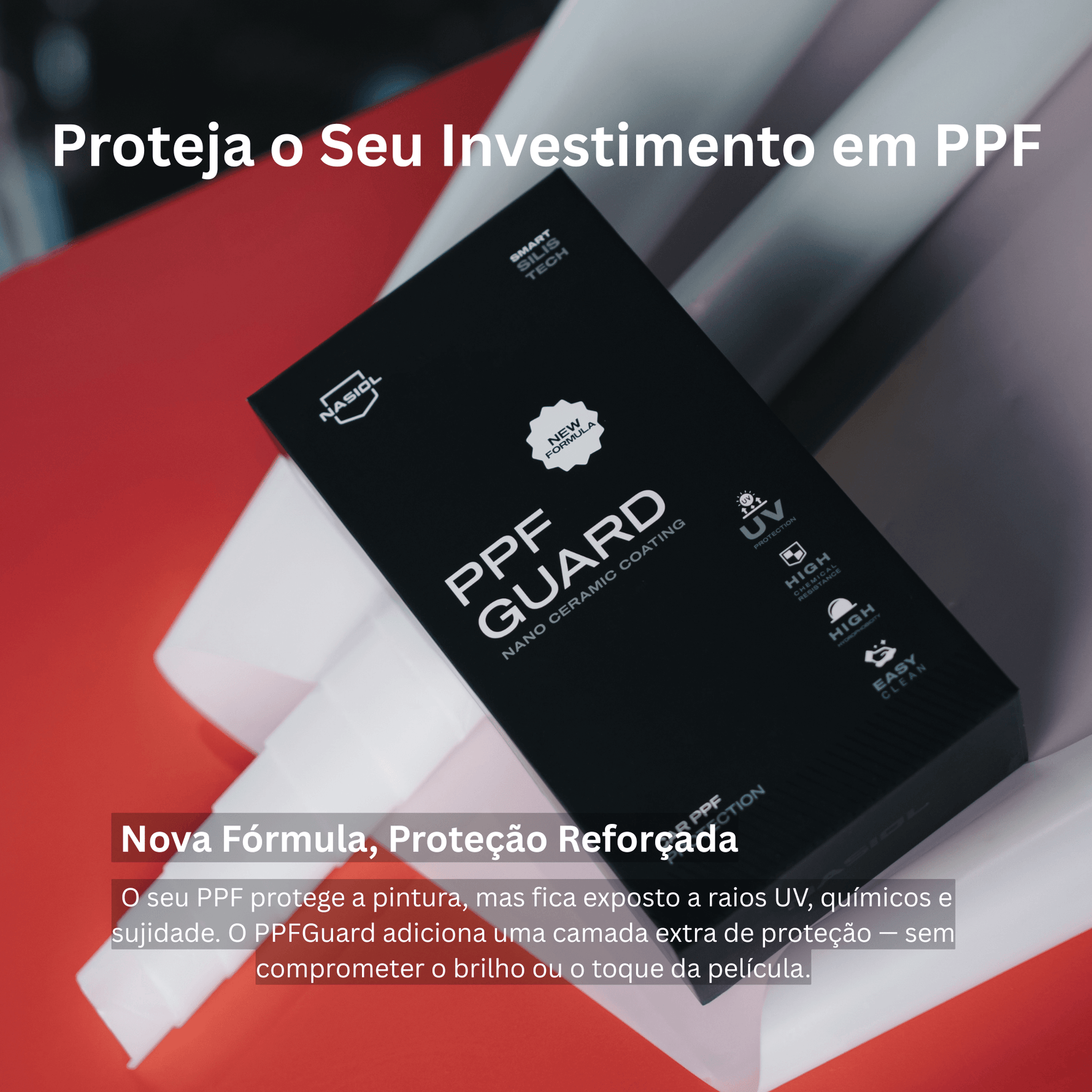 Caixa Nasiol PPFGuard Nova Fórmula sobre rolo de película PPF, proteção reforçada para película de proteção de pintura