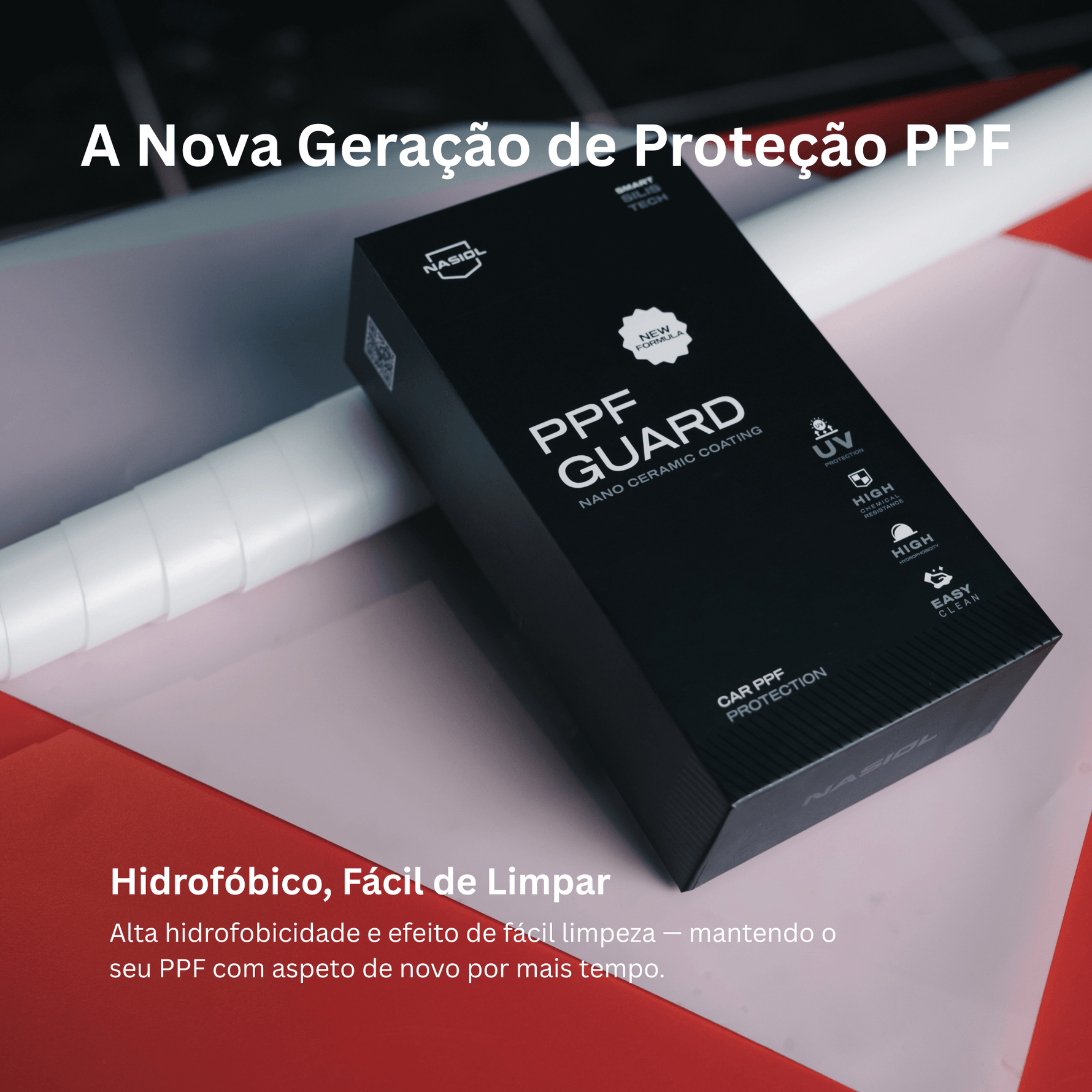 Caixa Nasiol PPFGuard Nova Fórmula sobre rolo de película PPF, proteção hidrofóbica de nova geração e fácil de limpar