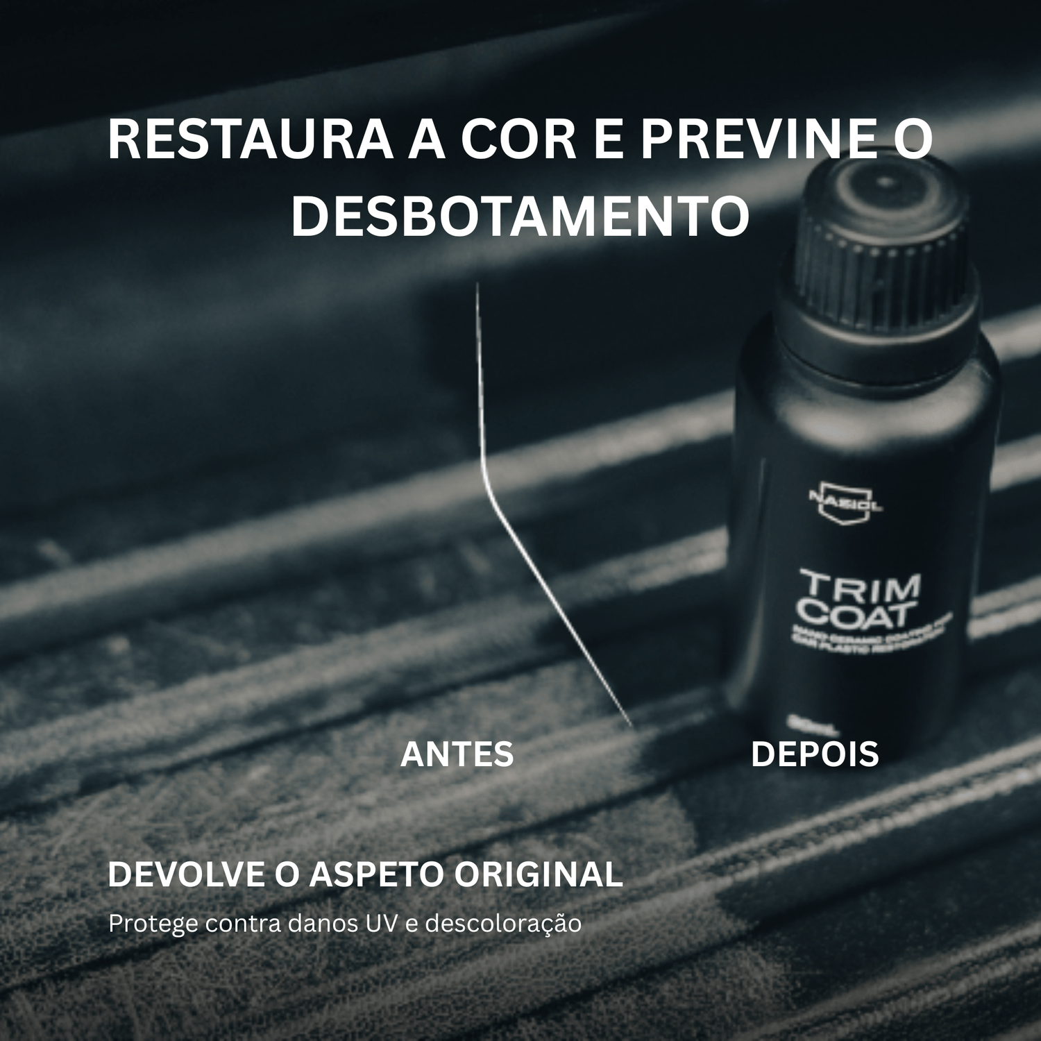 Antes e depois de Nasiol TrimCoat — restaura a cor e previne o desbotamento do plástico