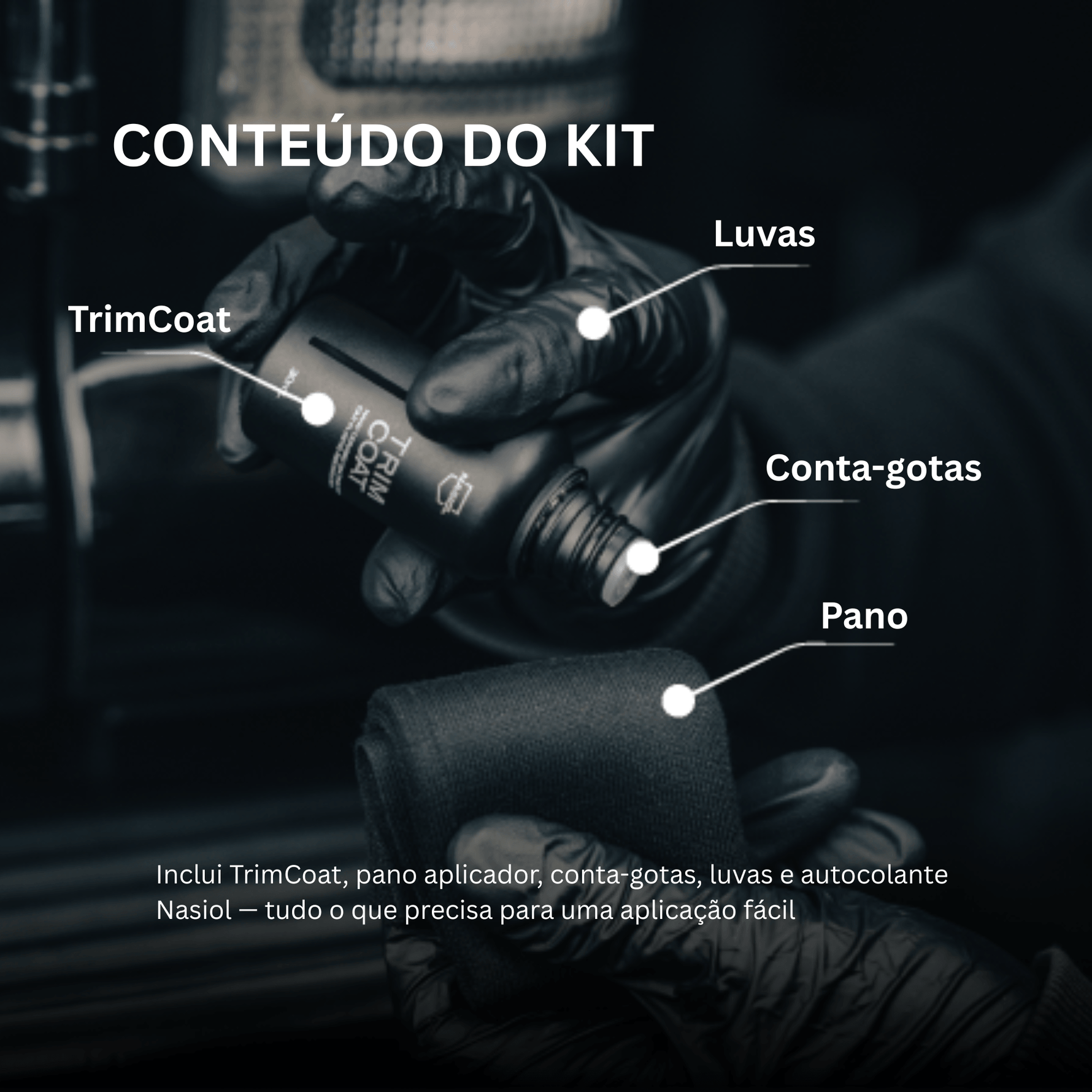 Conteúdo do kit Nasiol TrimCoat — frasco, pano aplicador, conta-gotas e luvas