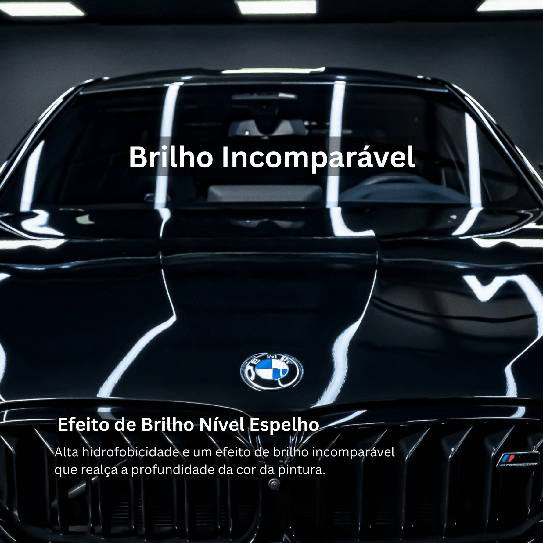 Automóvel de pintura preta brilhante após aplicação de Nasiol XR03, efeito de brilho nível espelho