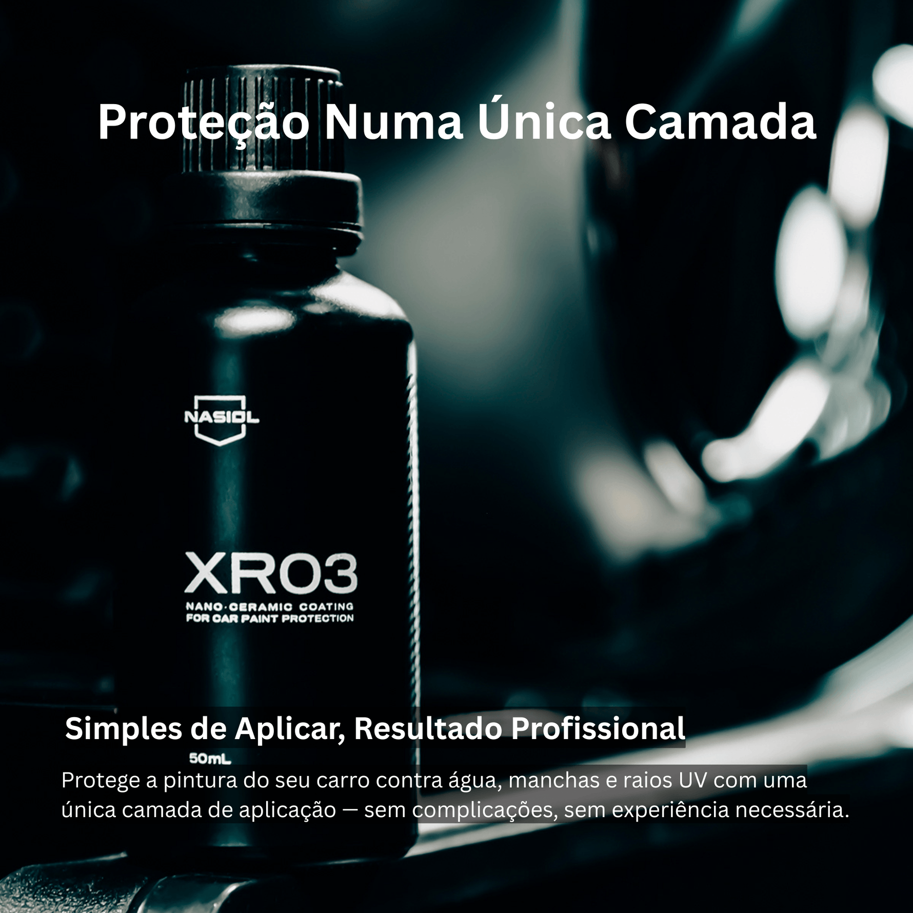 Frasco Nasiol XR03 em fundo escuro, revestimento nano cerâmico de aplicação numa única camada para pintura automóvel