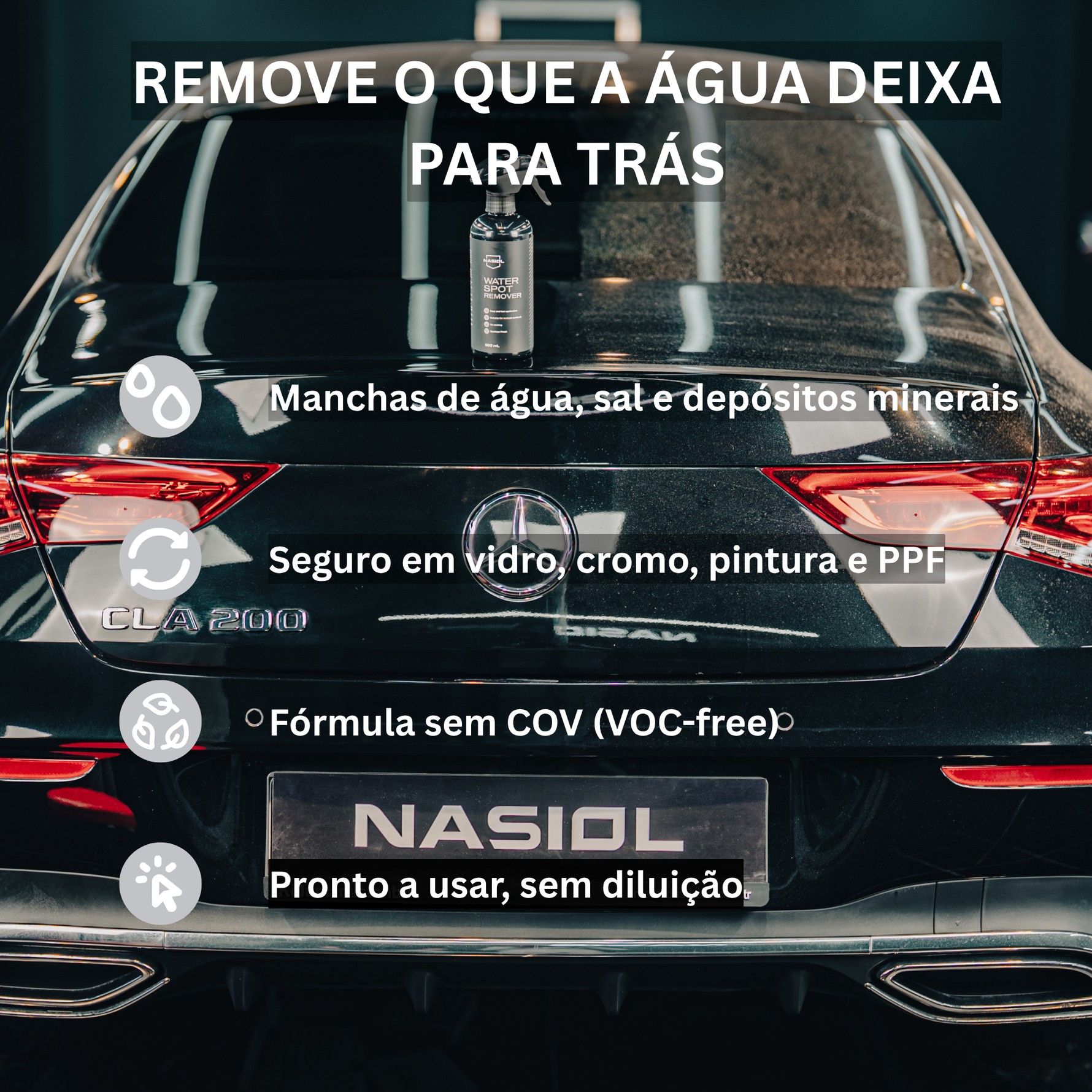 Removedor de manchas de água Nasiol seguro em vidro, cromo, pintura e PPF, sem COV