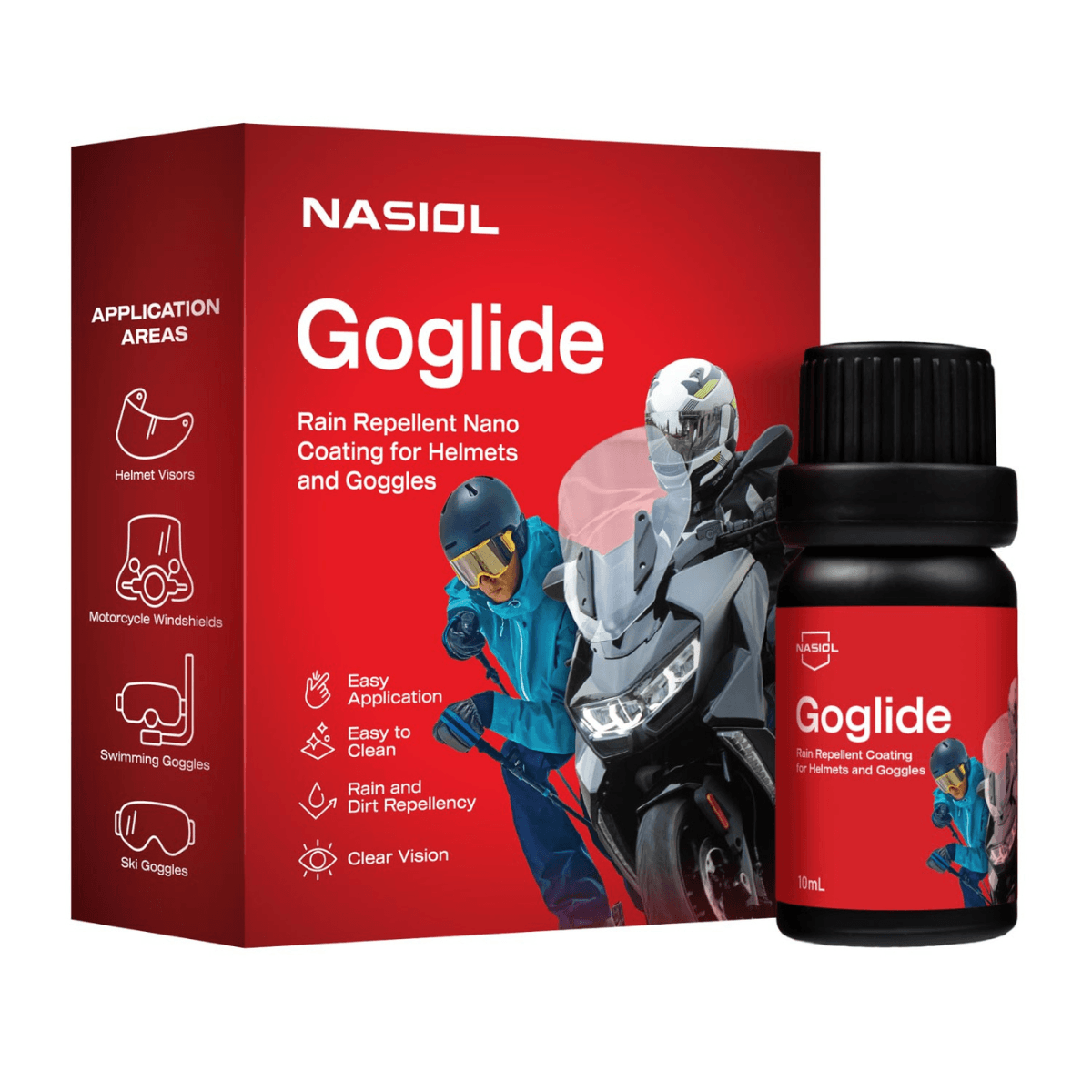Nasiol Goglide revestimento nano repelente de chuva para viseiras de capacete e óculos, frasco de 10 ml e embalagem