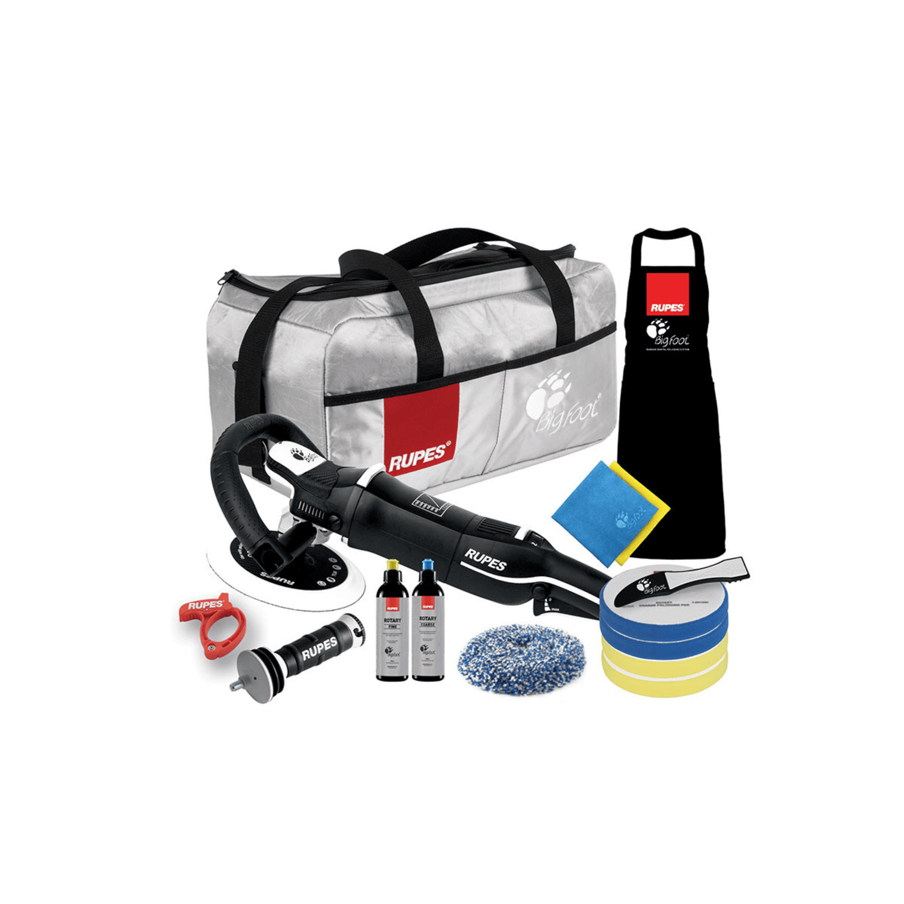 Kit RUPES LH19E DLX com bolsa BigFoot, avental, boinas de lã e espuma, e pega lateral