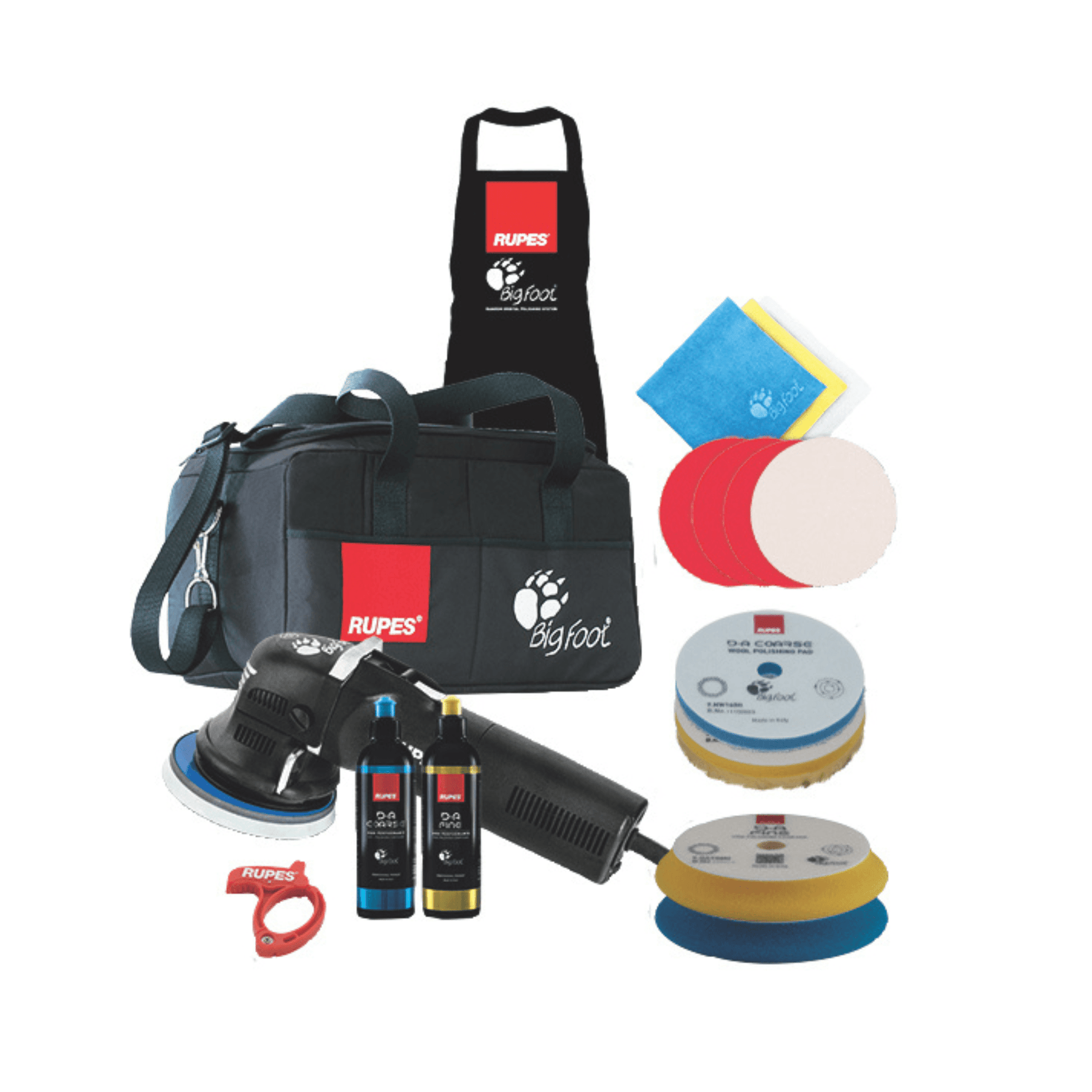 Kit RUPES LHR125E Duetto LUX com avental, bolsa de ferramentas, boinas e kit de abrasivos