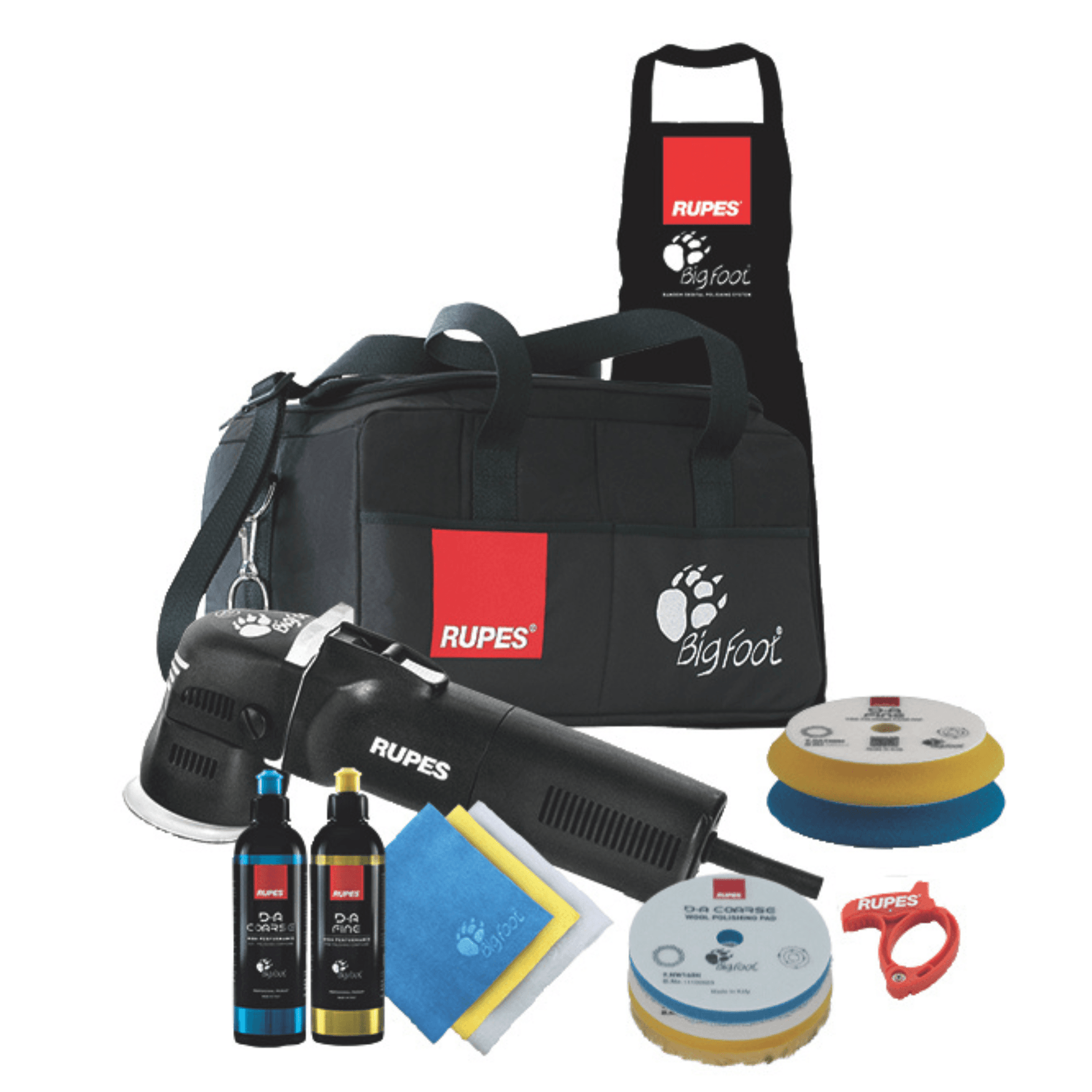 Kit RUPES LHR75E LUX com avental, bolsa de ferramentas, boinas e compostos de polimento