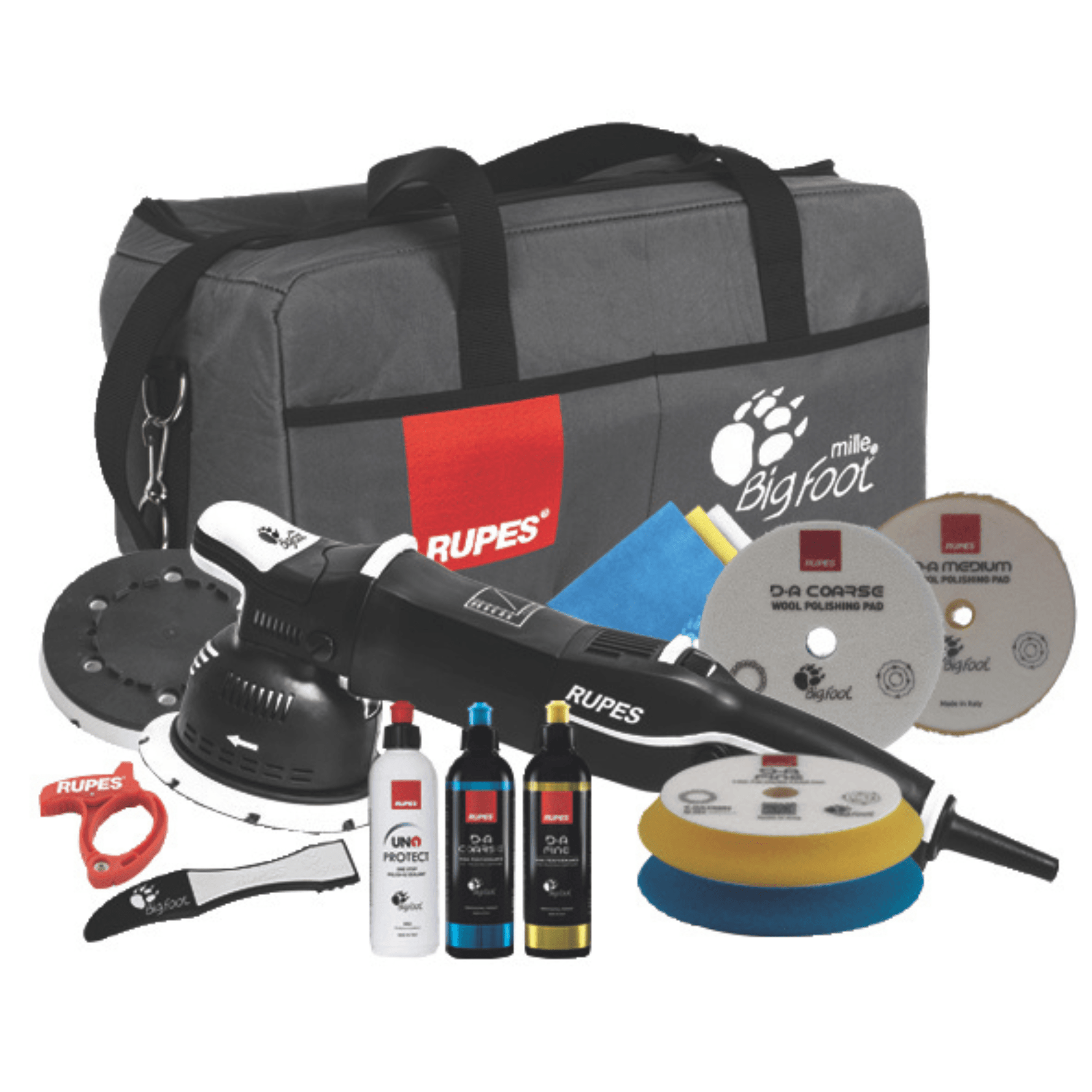 Kit RUPES LK900E Mille LUX com bolsa BigFoot, boinas de lã e espuma, e compostos de polimento